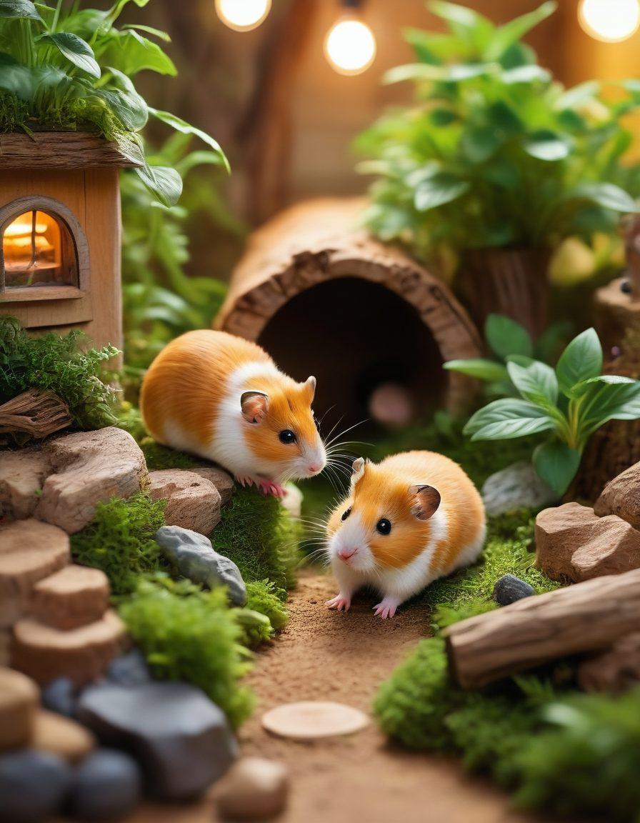 A cozy, charming hamster habitat filled with natural elements like soft bedding, colorful tunnels, and cute hamster accessories. Friendly hamsters playfully exploring their space, showcasing their adorable features. Warm, inviting lighting enhances the homely atmosphere, with vibrant greenery in the backdrop. The scene should evoke a sense of happiness and comfort for both hamsters and their caregivers. super-realistic. vibrant colors. soft focus.