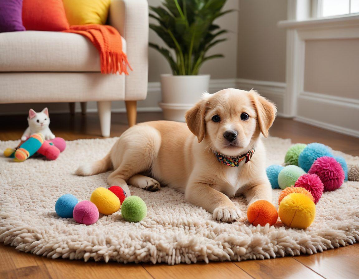 A cozy living room scene featuring a variety of colorful pet toys scattered on a plush rug, with a happy puppy and kitten playing together. Include stylish pet accessories like a chic collar and a plush bed in the background, with toys like a rubber bone and a feather wand. Soft natural lighting enhances the warmth of the scene. cartoonish style. vibrant colors. warm ambiance.