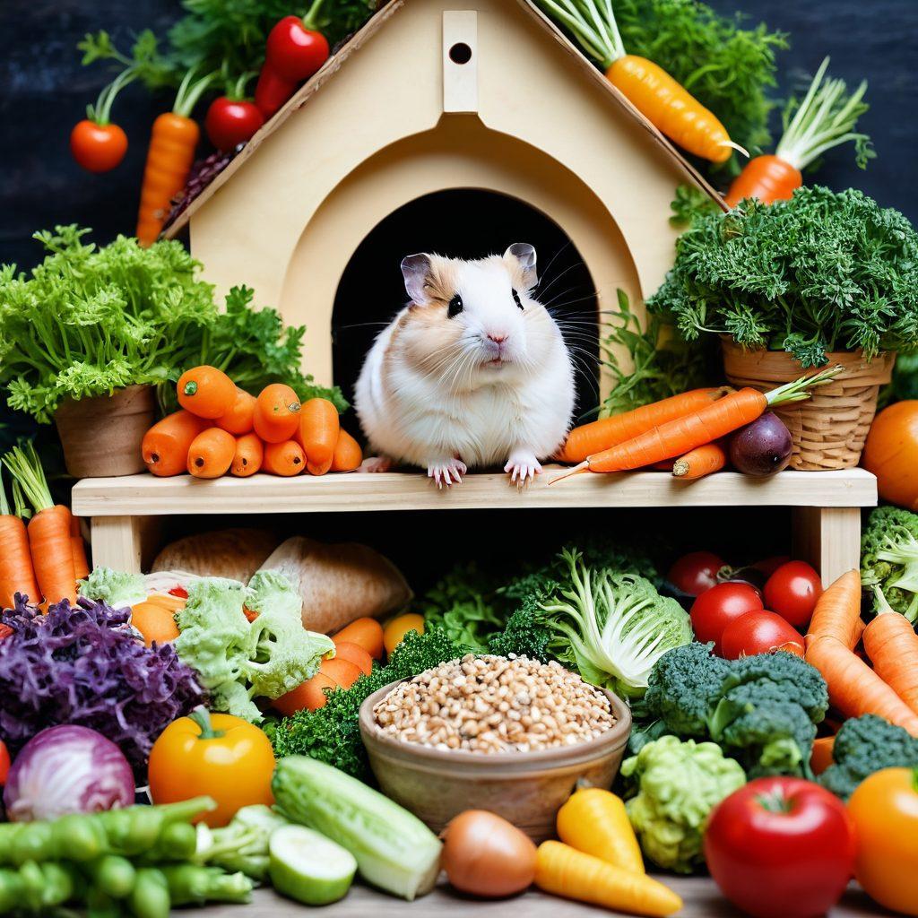 A cozy, brightly lit hamster habitat with a variety of colorful food options like fresh vegetables, seeds, and fruits arranged artistically. A happy, fluffy hamster is nibbling on a carrot, surrounded by playful decorations like tunnels and wheels. The background features soft, natural greenery. The scene evokes warmth and care for pet health. vibrant colors. illustration.